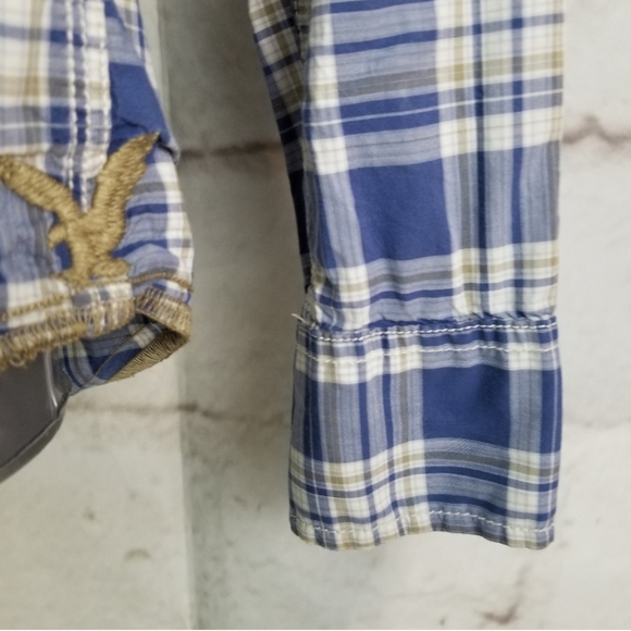 American Eagle S Blue Plaid Snap Closure Shirt - Picture 4 of 12